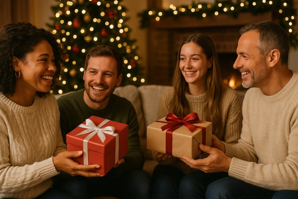Friends or family sharing meaningful holiday gift sets
