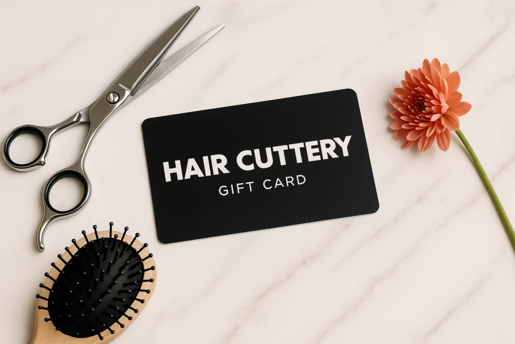 People of different ages holding Hair Cuttery gift cards.