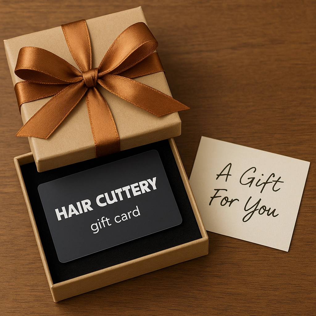 Gift card in a box with ribbon and handwritten note.