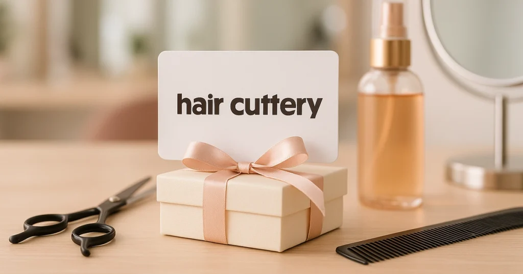 Hair Cuttery gift card displayed with salon tools – the perfect gift for any occasion