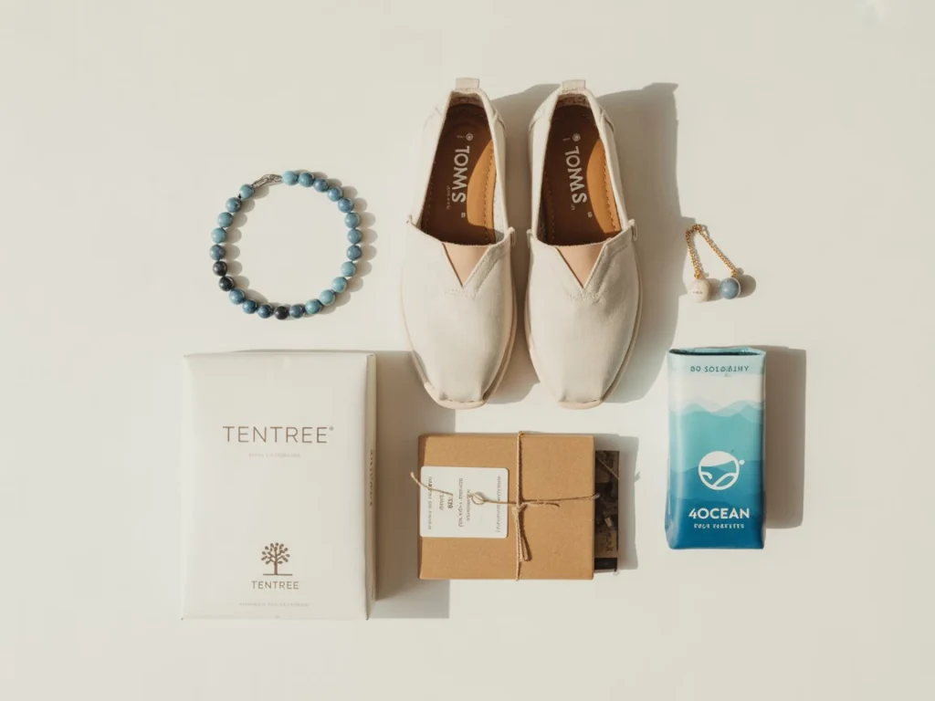 Sustainable gift brands including TOMS, 4Ocean bracelet, and Tentree packaging promoting ethical and eco conscious gifting