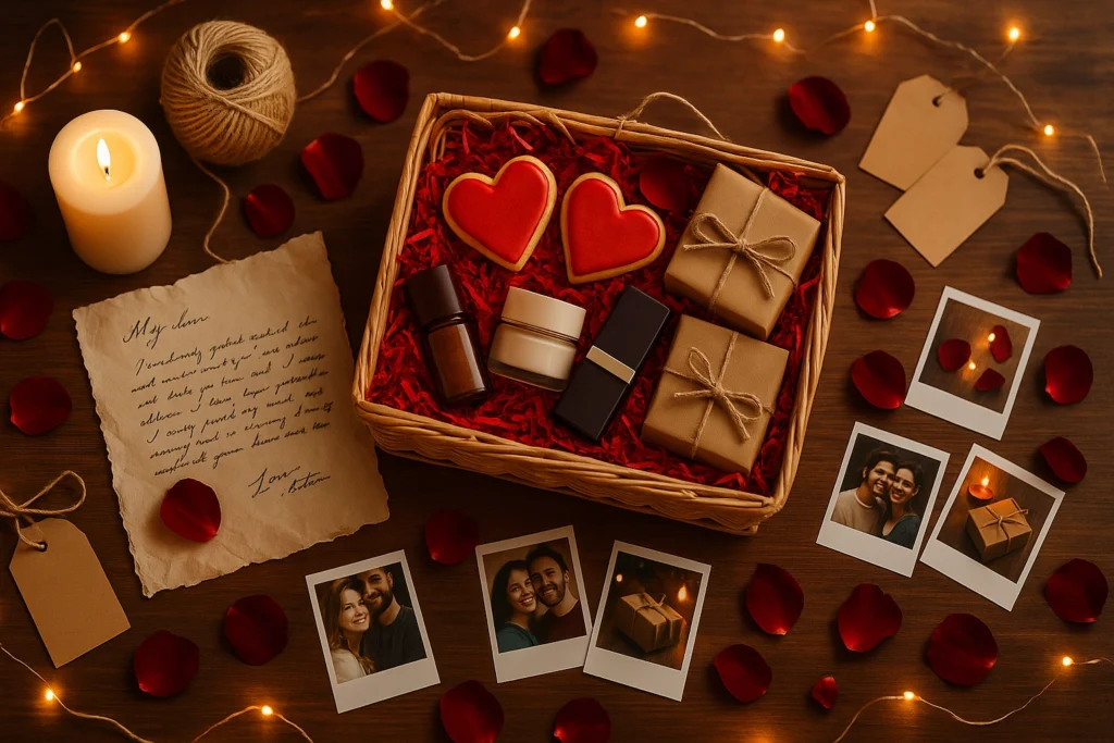 Romantic flat lay of a Valentine gift hamper with heart-shaped cookies, wrapped presents, photos, a handwritten letter, candlelight, and rose petals.