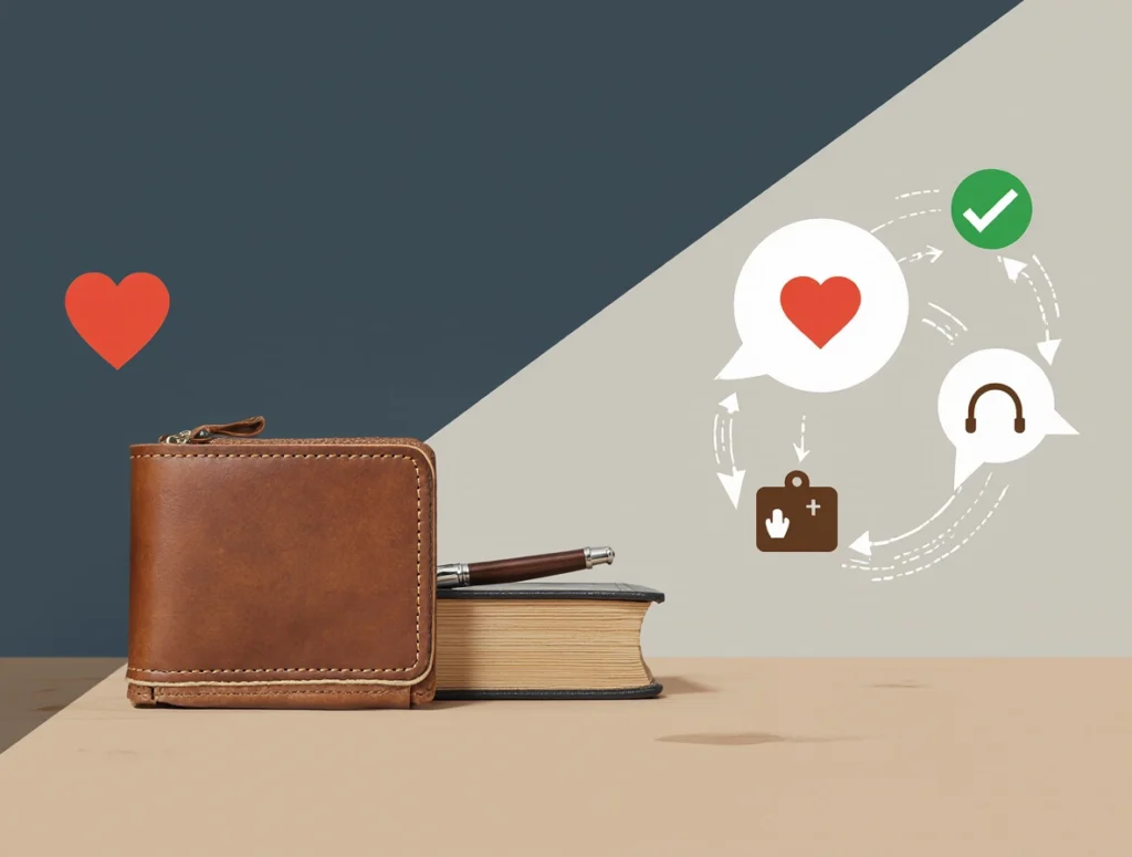 Leather wallet and pen with icons for personality, practicality, and emotion.