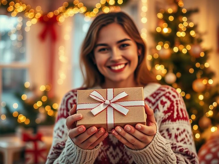 Person giving a Christmas gift card with festive decorations in the background