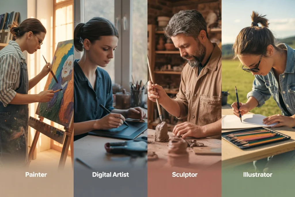 Different types of artists working in various creative spaces.