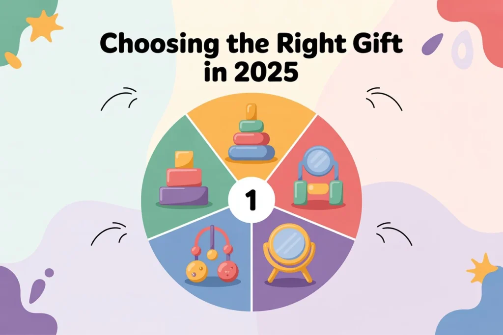 Infographic showing age-appropriate developmental gift types for 1-year-olds.
