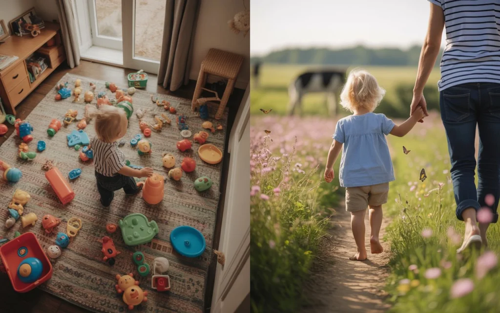 Split image showing a cluttered toy room on one side and a child enjoying an outdoor experience on the other.