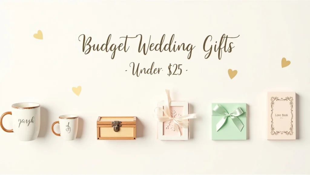 Affordable wedding gift ideas under $25 shown with icons and prices.