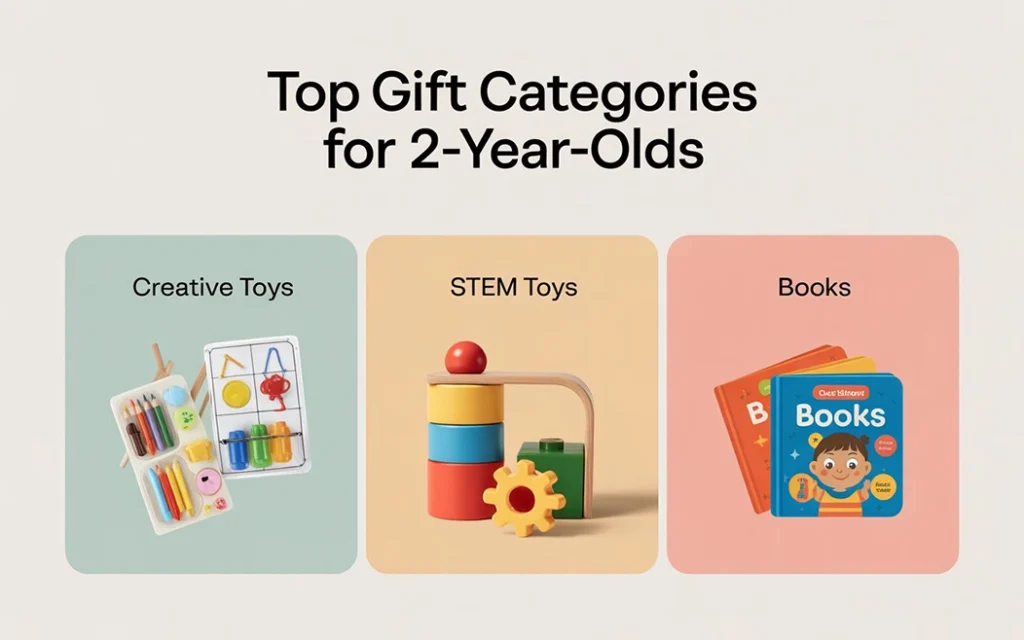 Grid layout of top toddler gift categories including creative toys, STEM, and books.