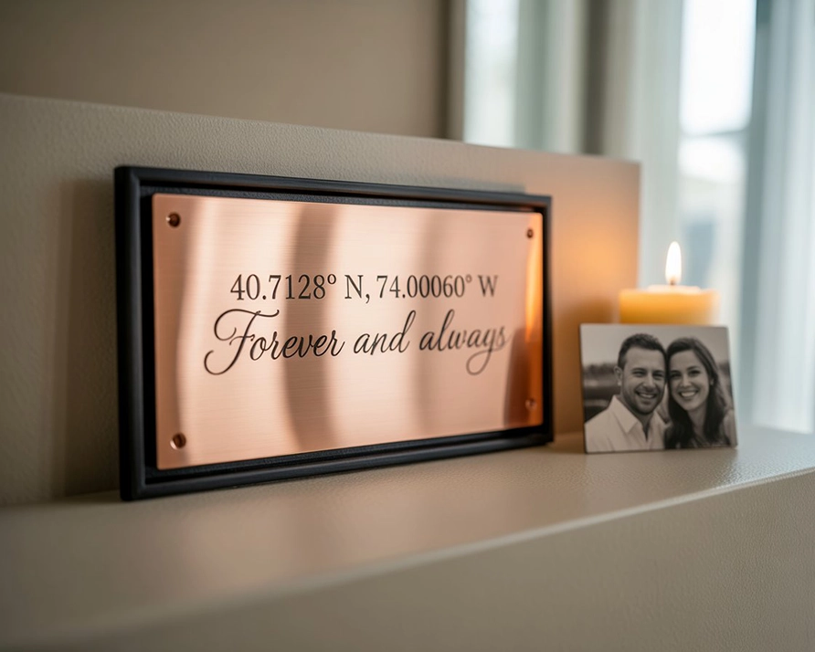 Custom copper wall art engraved with wedding coordinates and vows, framed and displayed in a warm, romantic home setting.
