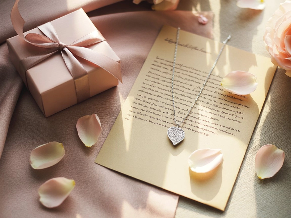 Flat lay of personalized gifts for wife including jewelry and a handwritten note.
