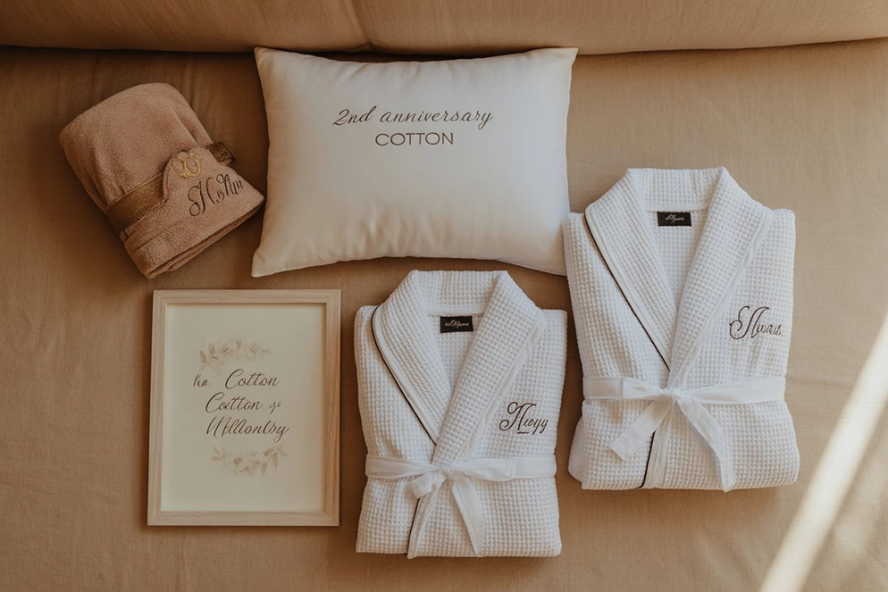 Flat-lay of cotton anniversary gifts including robes, pillowcases, and cotton canvas art.