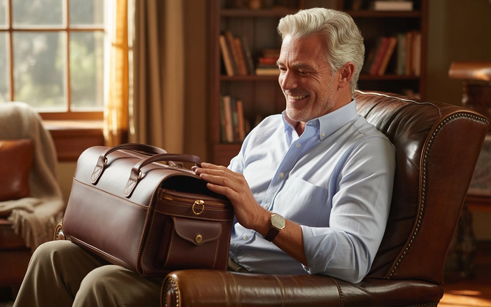 A father-in-law enjoying a practical gift, such as a durable leather wallet or versatile multi-tool, in everyday life.