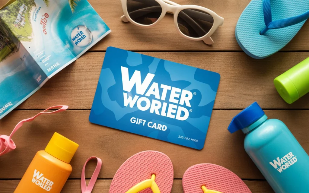 Water World gift card with summer essentials on a wooden table
