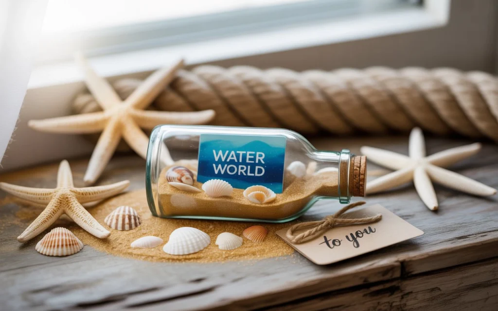 Water World gift card in a message-in-a-bottle with beach-themed decor