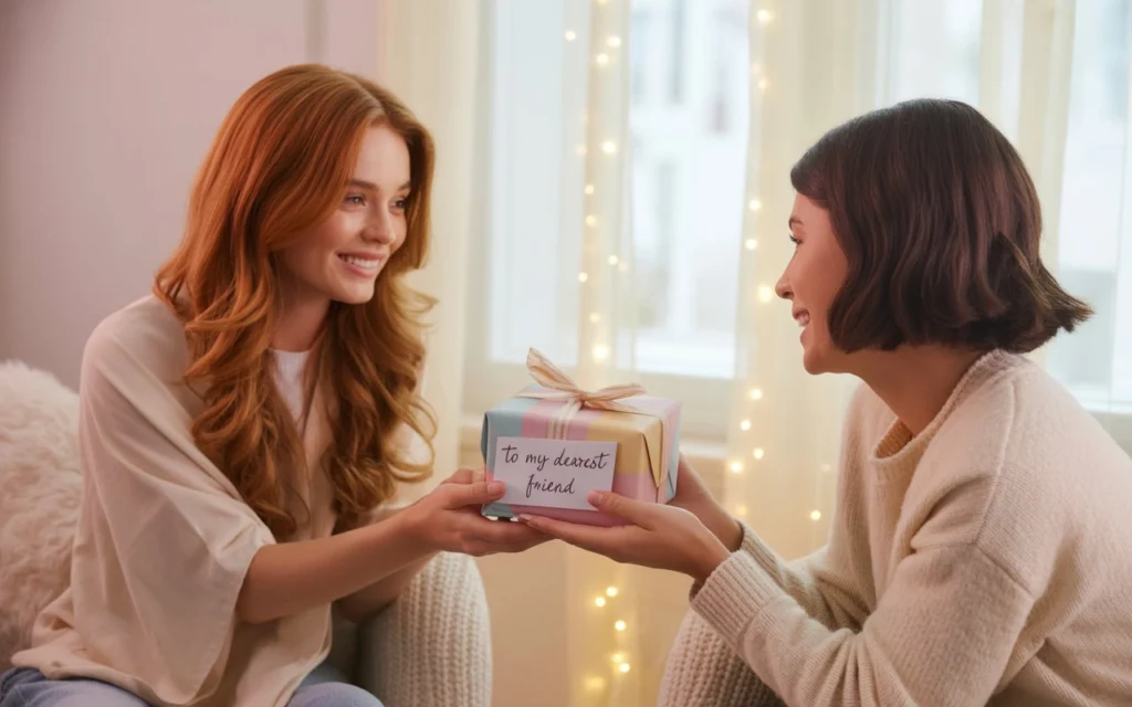Two women smiling while exchanging a Secret Sister gift
