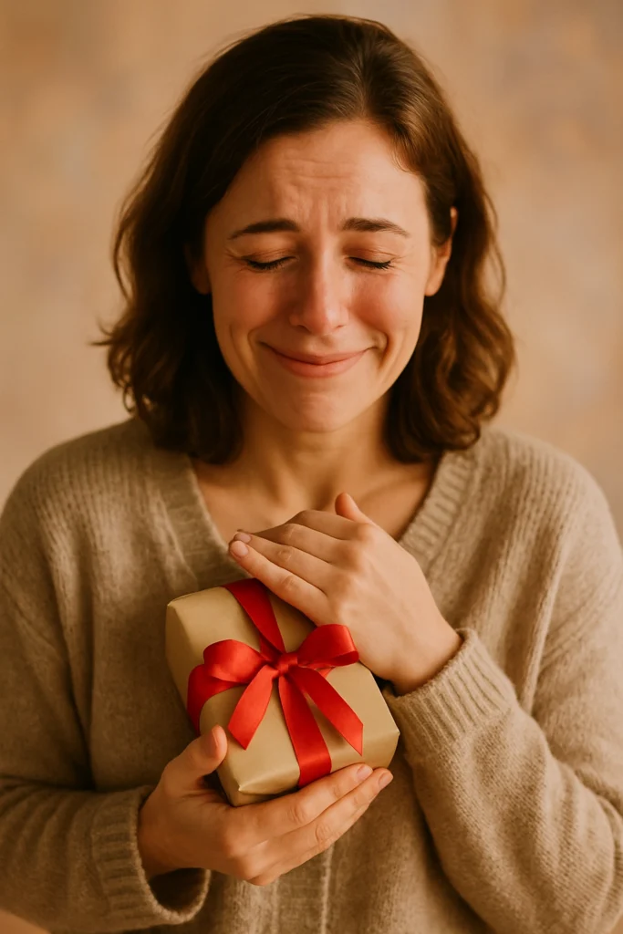Person feeling emotional after receiving a thoughtful sobriety gift
