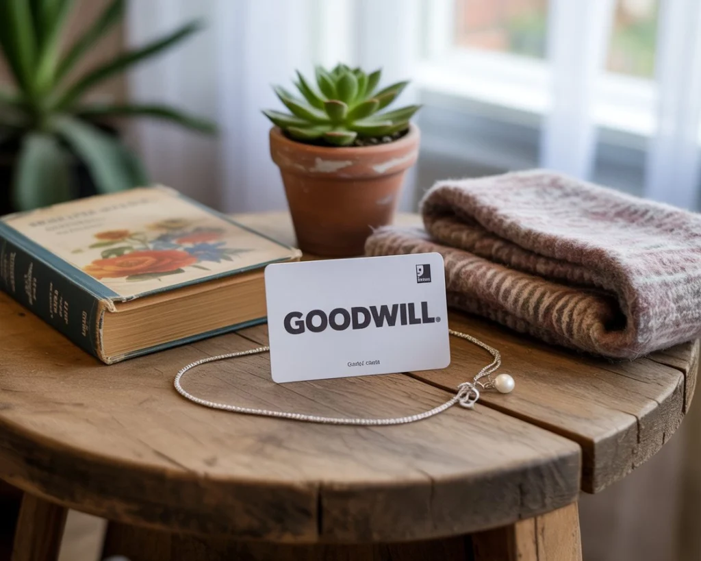 Goodwill gift card next to secondhand items on a rustic table