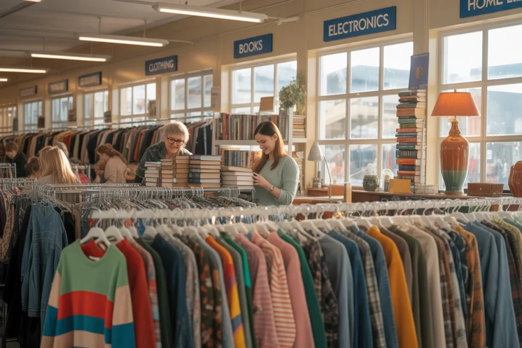 Inside a Goodwill store showing variety of available items