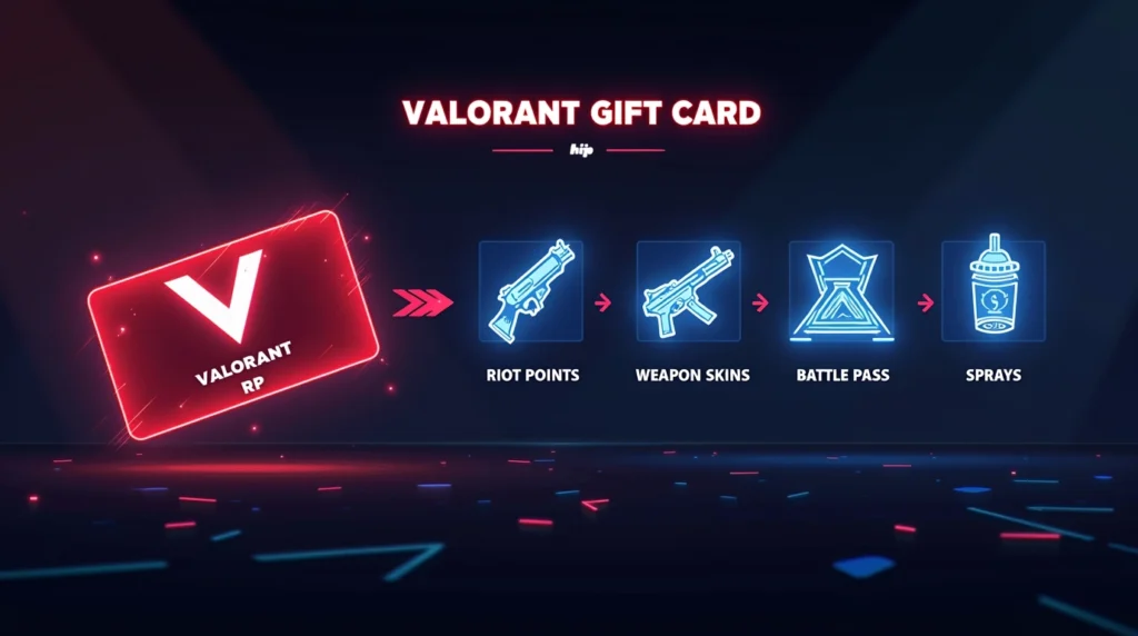 Valorant gift card usage infographic showing RP conversion and in-game content options.