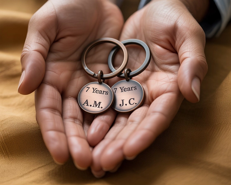 Engraved copper keychains marked with “7 Years” and initials, held in a couple’s hands over a warm textured background.