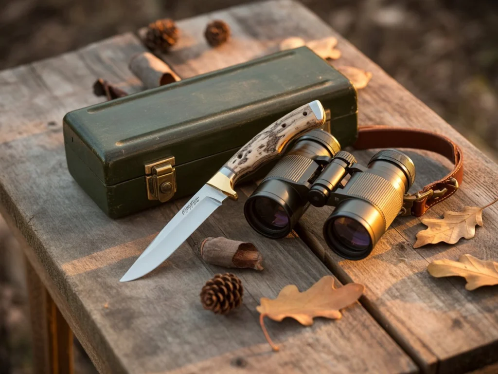 Flat lay of hunting gear including knives, binoculars, and ammo cases ready for a gift.