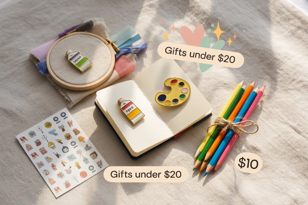 Affordable gift items for artists including stickers and mini art sets.