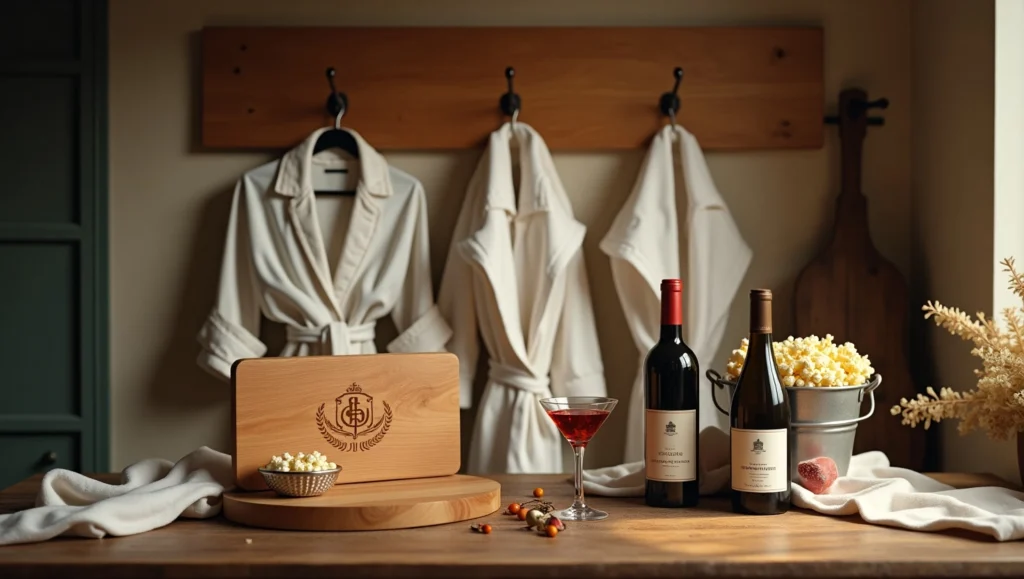 Mid-range wedding gifts like robes, cutting board, and date night basket styled together.