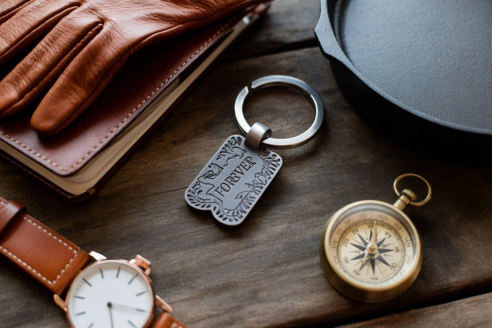 Flat lay of modern iron anniversary gifts for men on wooden surface.