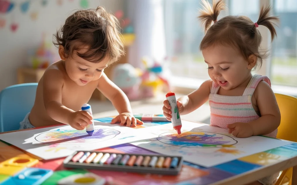 Toddlers using art supplies together during creative playtime.