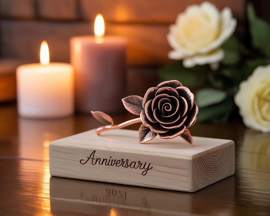 Hand-forged copper rose on a wooden base engraved with anniversary date, styled in soft candlelight for a timeless romantic gift.