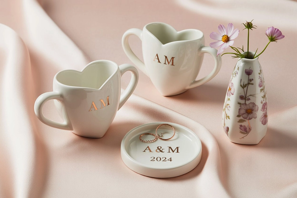 Porcelain anniversary gift ideas including heart-shaped mugs, floral vases, and personalized ring dishes.