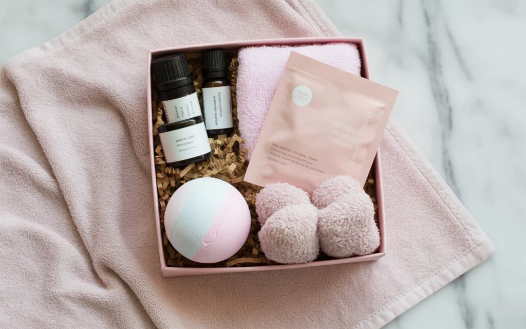 Relaxation gift set with bath bomb, fuzzy socks, and lotion for Secret Sister