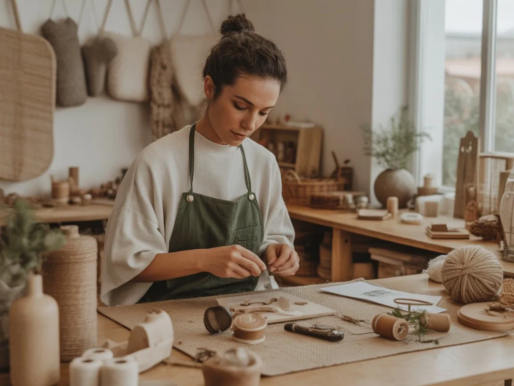 Eco conscious artisan crafting sustainable handmade gifts in a natural, low-waste workspace