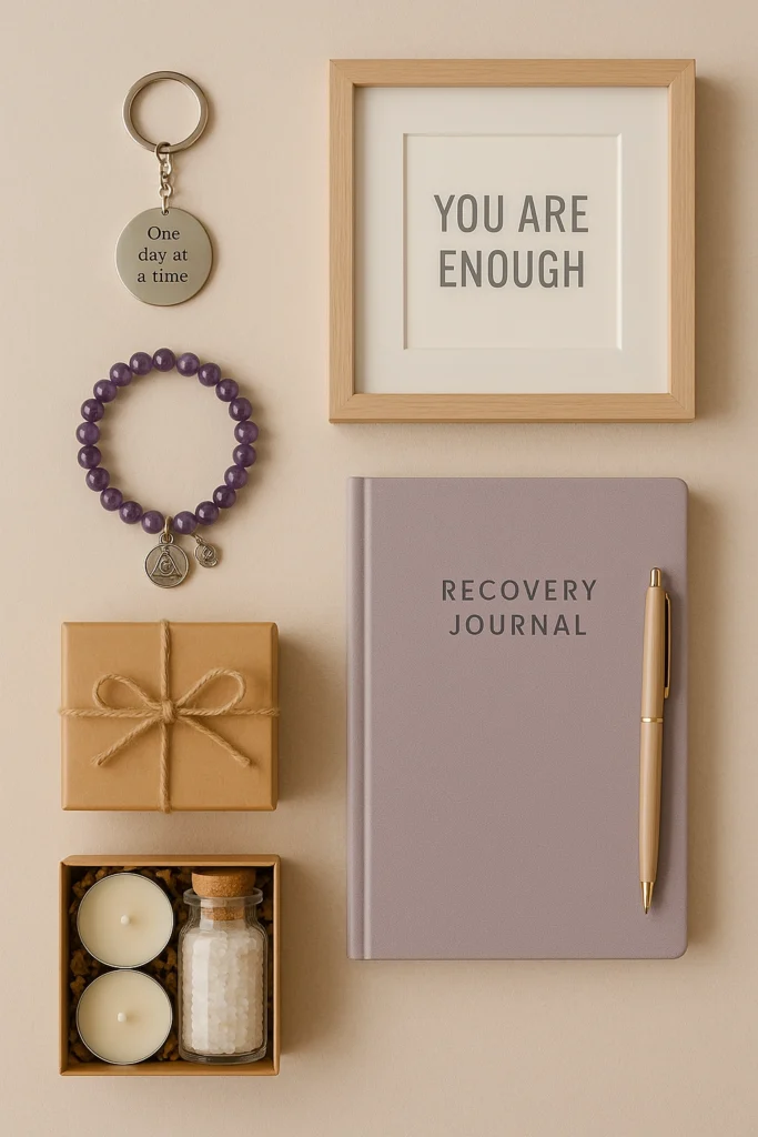 Flat lay comparison of various sobriety gift ideas including a keychain, journal, bracelet, and spa items