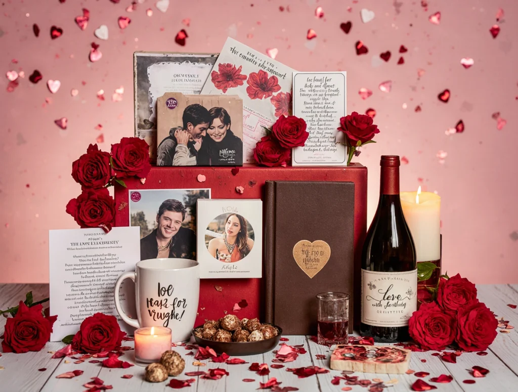 A luxury Valentine gift hamper with red roses, wine, candles, personalized photos, chocolate truffles, and handwritten love notes.