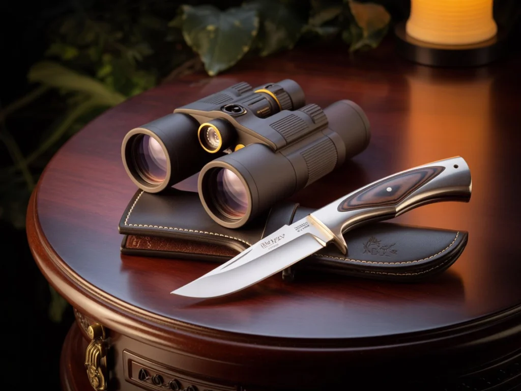 Luxury hunting gear including night vision binoculars and a premium hunting knife.