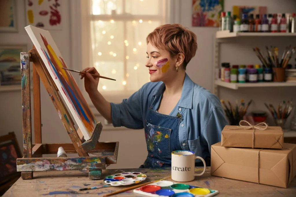 Artist painting joyfully in studio with gifts nearby.