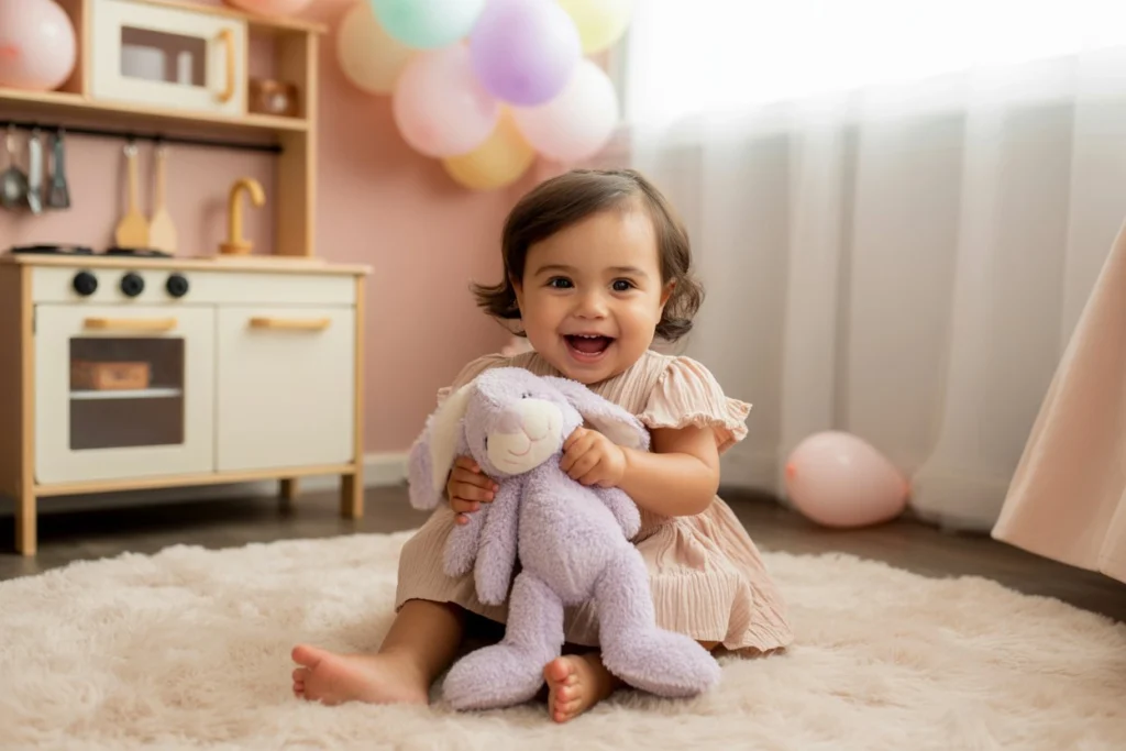 Toddler girl playing with birthday gifts like plush toy and play kitchen.