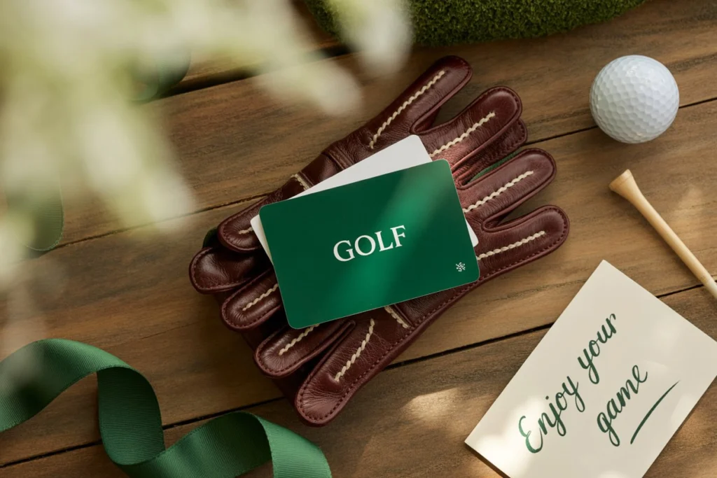 Golf gift card creatively presented with glove, tee, and handwritten note.