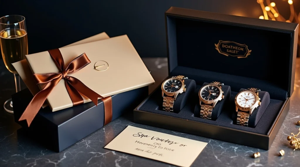 Luxury bride and groom gift options displayed with elegant styling.