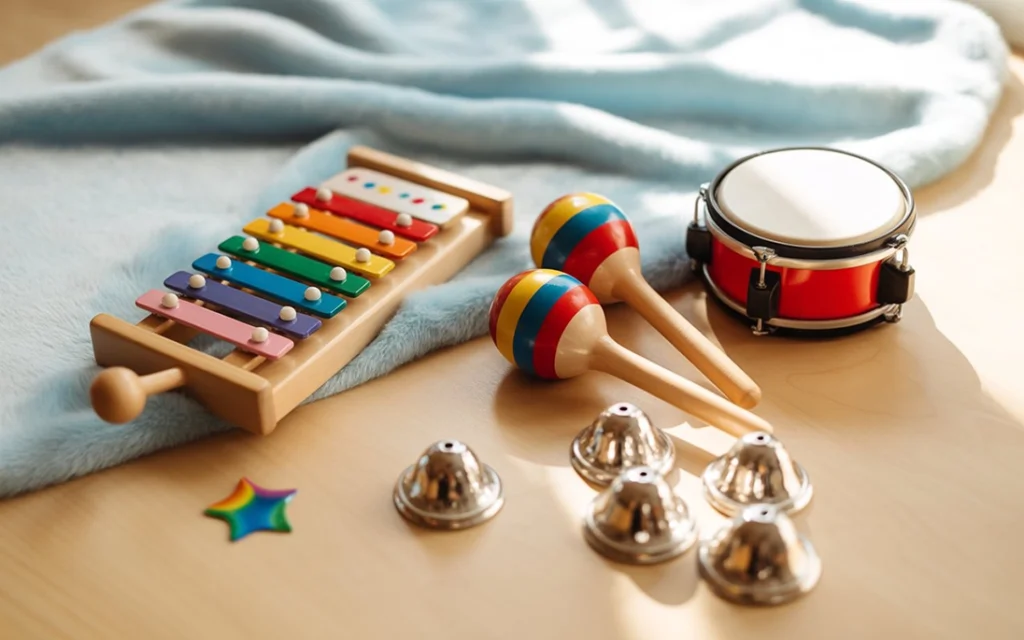 Colorful musical toys for toddlers including xylophone and maracas.