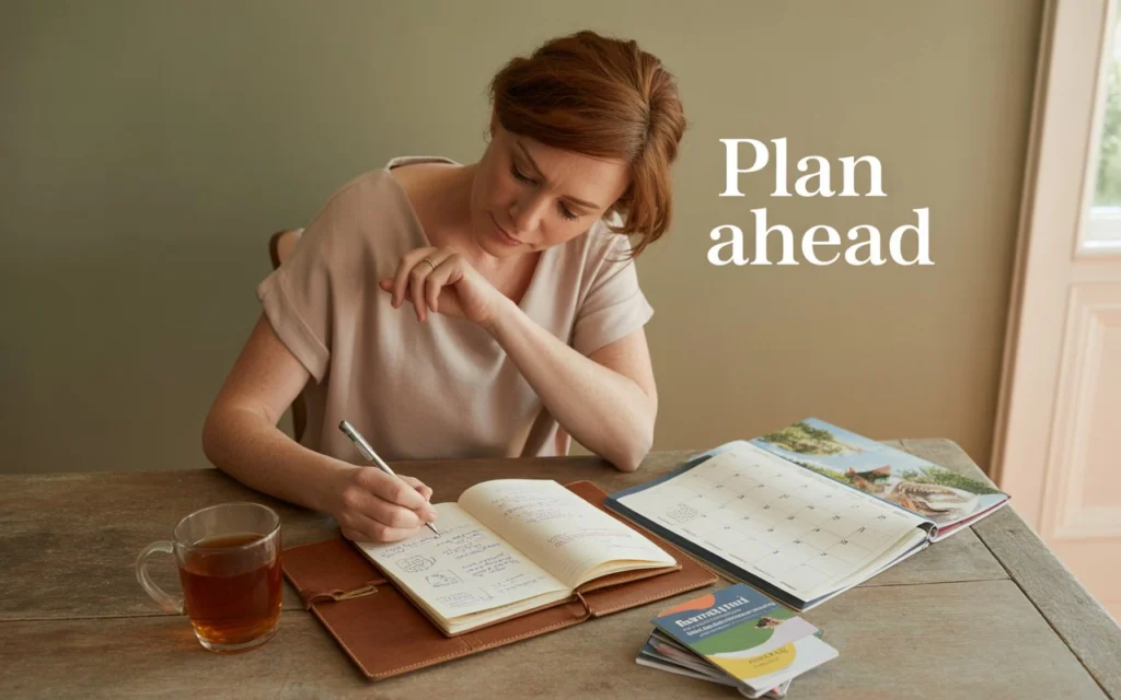 Parent planning a gift experience using a calendar and notepad in a cozy home setting.