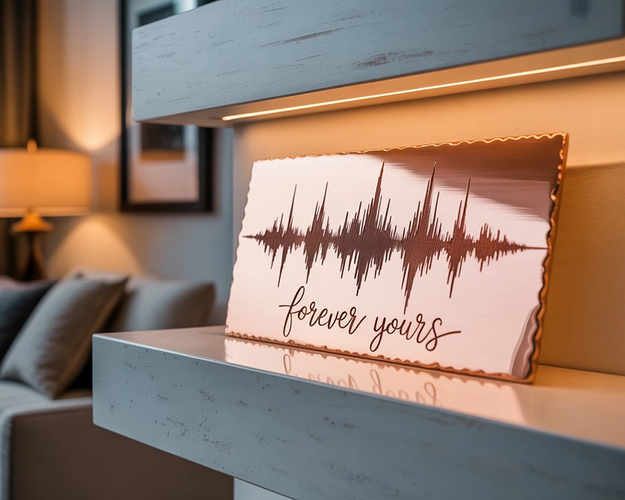 Copper soundwave art etched with a voice message or love song, placed on a minimalist shelf with soft ambient lighting.