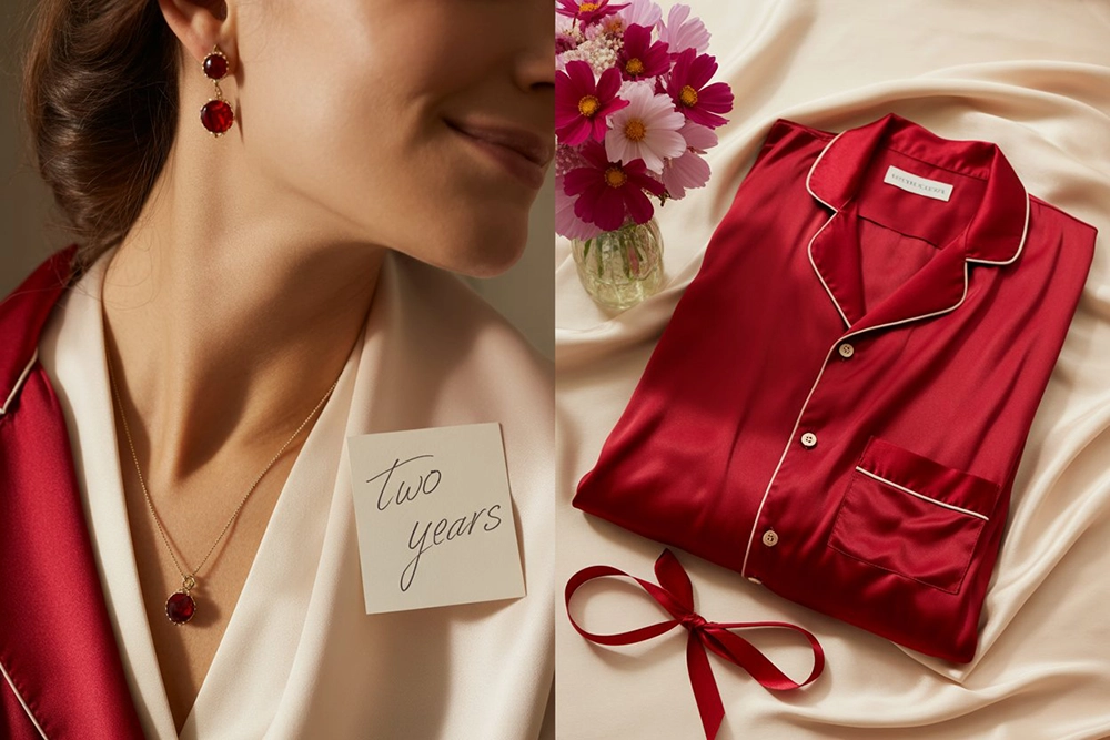 Garnet earrings, cosmos bouquet, and red silk pajamas as symbolic second anniversary gifts.