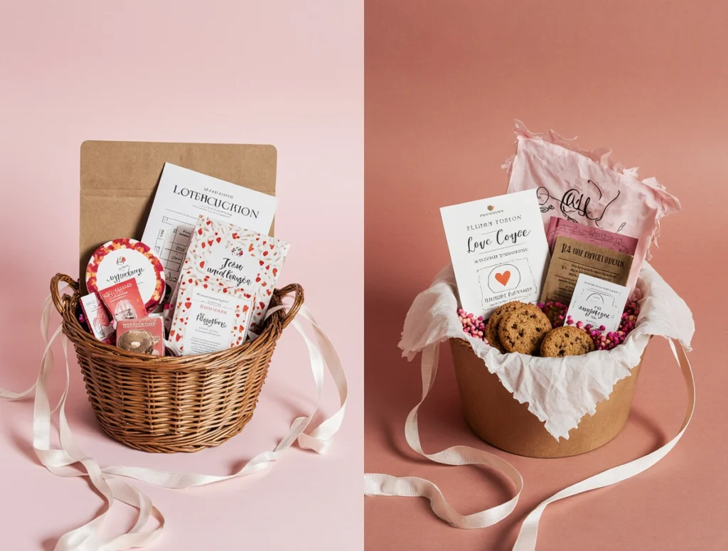 Romantic flat lay of a Valentine gift hamper with heart-shaped cookies, wrapped presents, photos, a handwritten letter, candlelight, and rose petals.