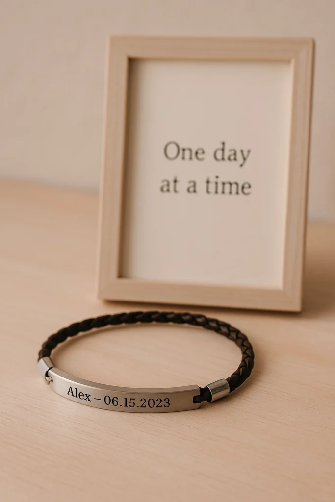 Custom sobriety bracelet engraved with name and recovery date beside a framed quote on a clean surface