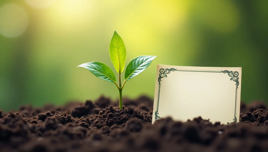 Sapling in soil with eco-friendly certificate beside it