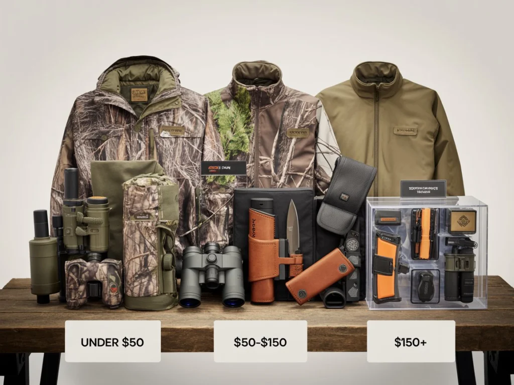 Comparison chart of hunting gifts categorized by price and purpose, with item visuals."