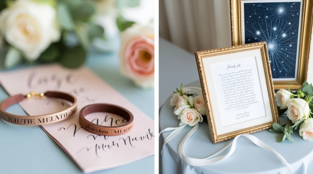 Sentimental personalized wedding gifts including star maps and vow books.